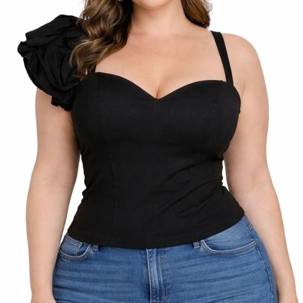 Ashley Stewart Black One-Shoulder Bustier Top Size 14 NWT Ruffle Statement Top